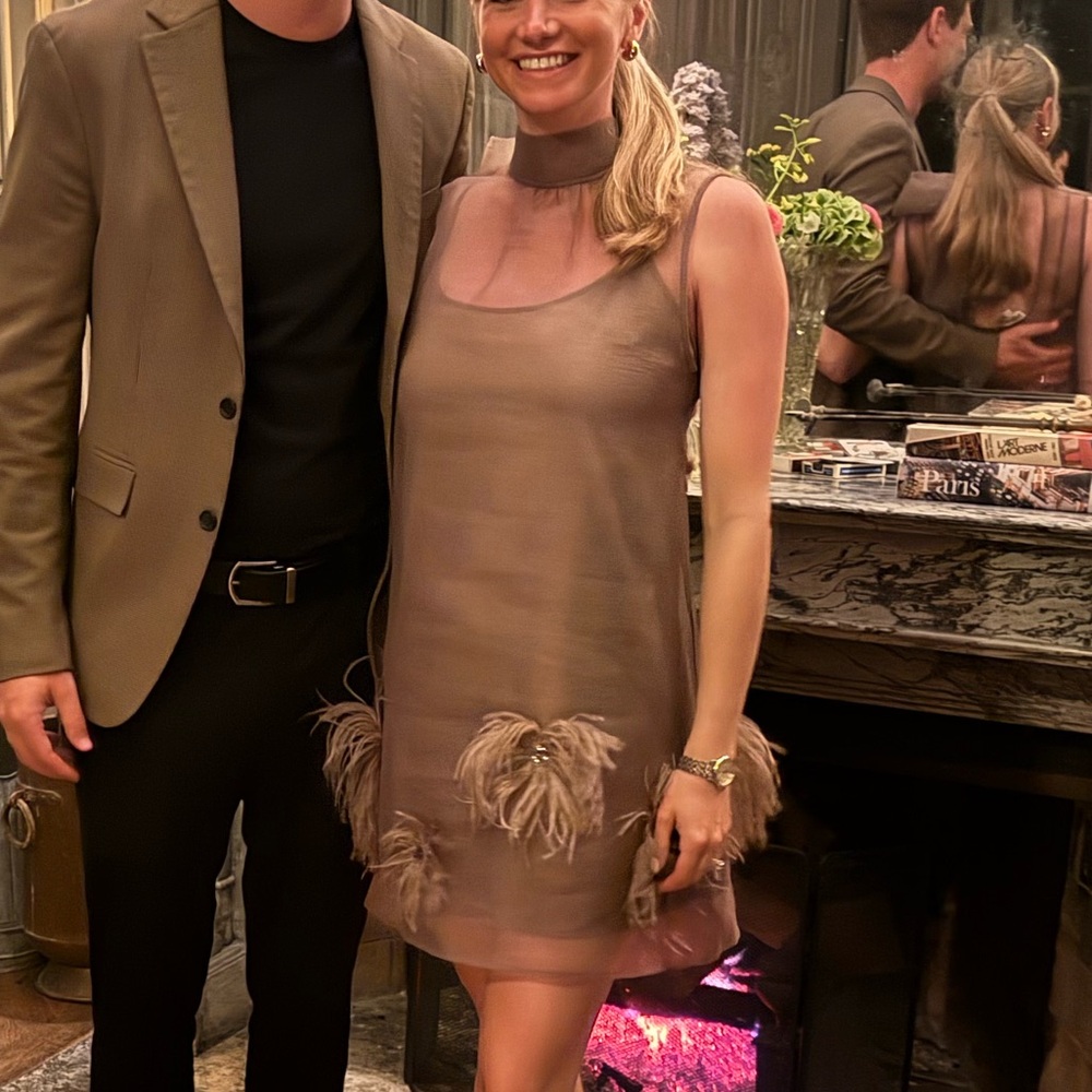 STAUD Taupe Feather-Trim Dress